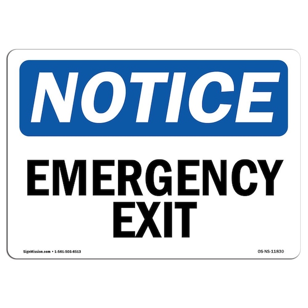 Safety Sign, OSHA Notice, 18" Height, Rigid Plastic, Emergency Exit Sign, Landscape